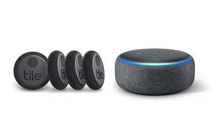 Tile Mate (2020) - Paquete de 4 con Echo Dot (3.a generación) con altavoz inteligente de Amazon con Alexa, negro