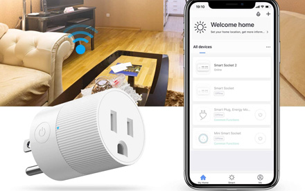 Amysen Wi-Fi enchufe inteligente, pequeño, no requiere hub, controla tus dispositivos desde cualquier lugar, funciona con Alexa y Google Assistant, Mini Smart Plug